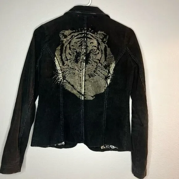 Miss Me Brown Distressed Corduroy Jacket Embroidered Long Sleeve Blazer Grunge S - Picture 3 of 15